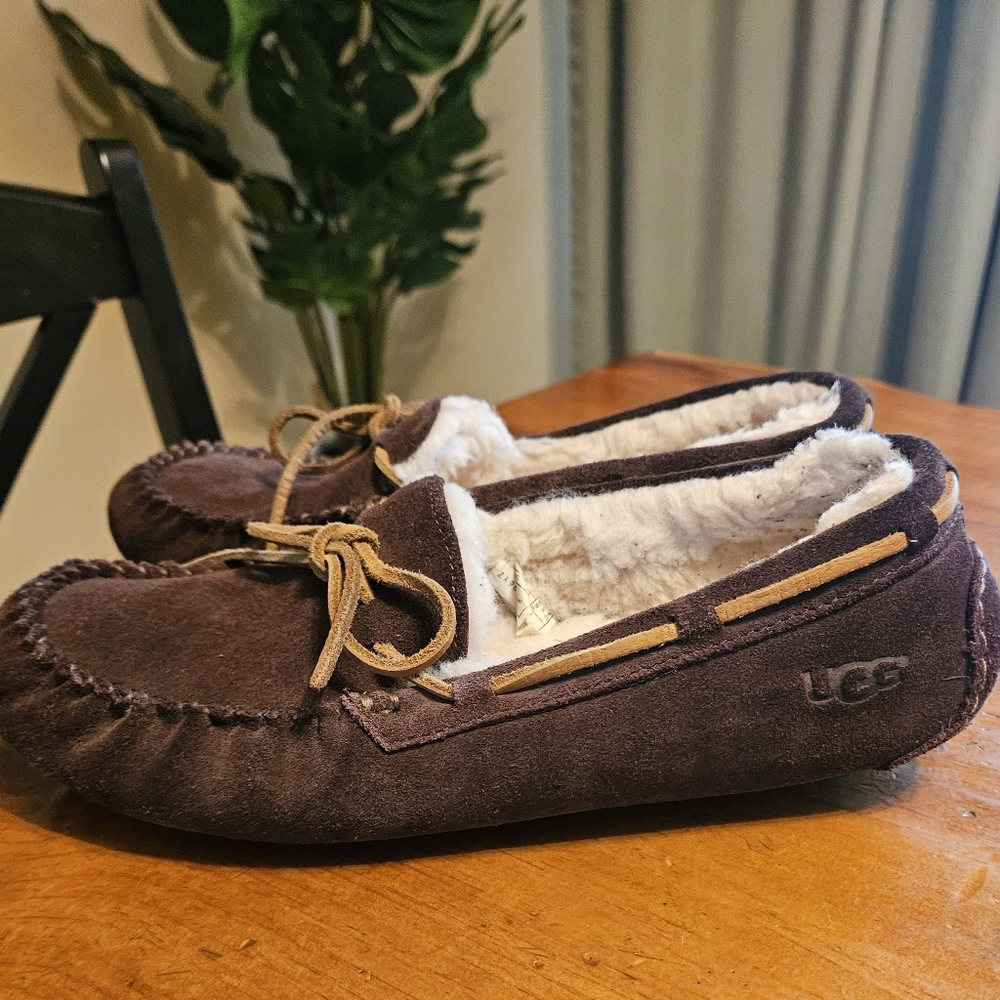 UGG Brown Suede Moccasin Slippers with Shearling Lining